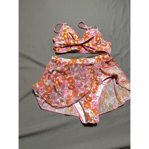 Retro Floral 3 Piece Bikini Set with Mesh Skirt Pink Orange Daisy Print Size M